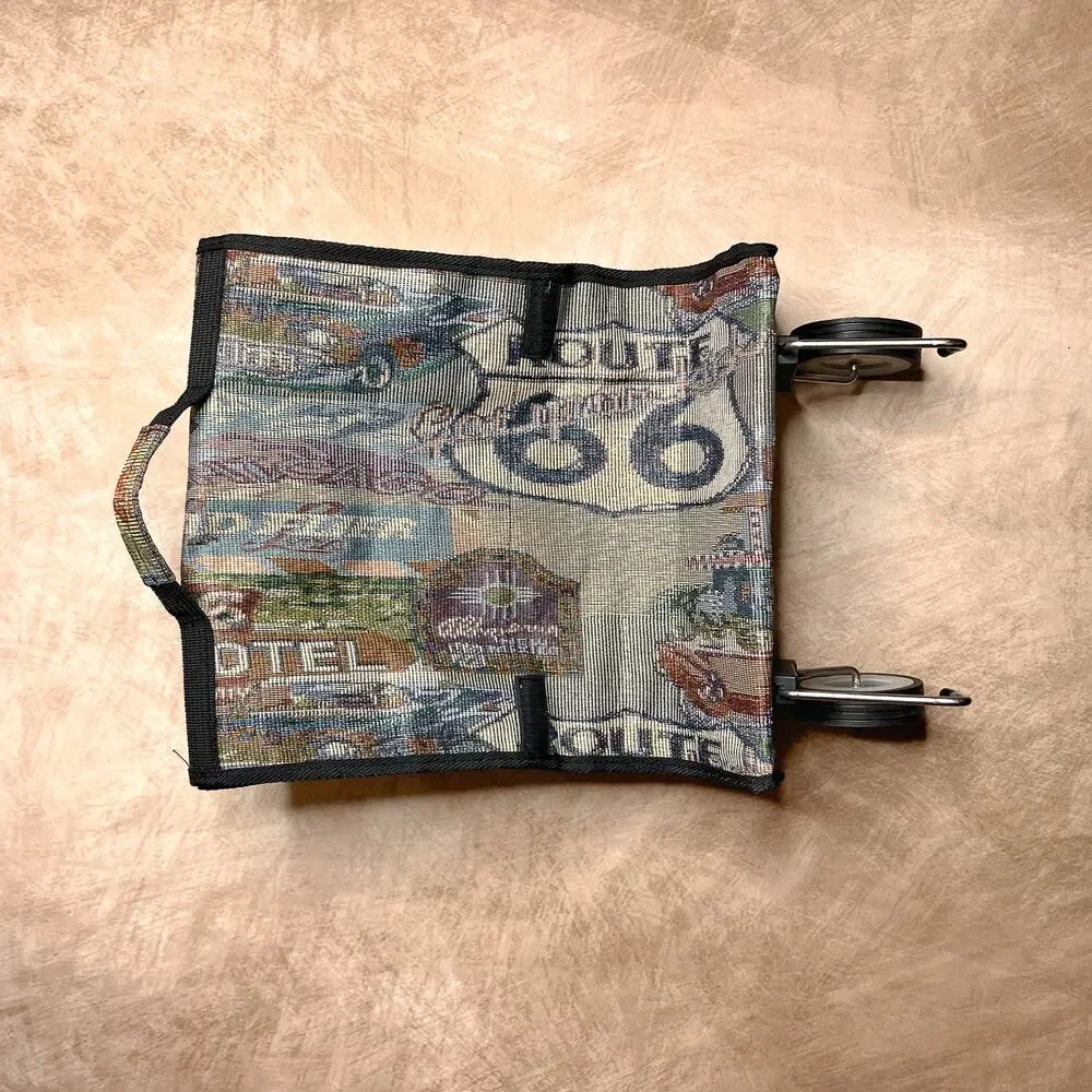 Vintage 90s Route 66 Tapestry Rolling Travel Bag Multicolor Vacation Luggage